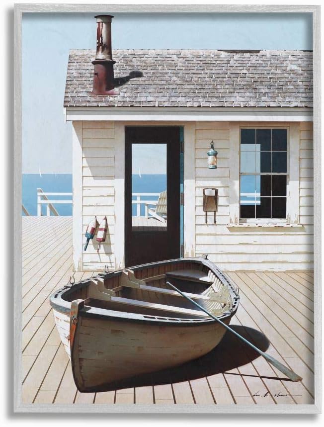 Stupell Industries Boat On Boardwalk Tranquil Coastal Boathouse Painting, Designed by Zhen-Huan Lu Wall Art, 16 x 20, Grey Framed
