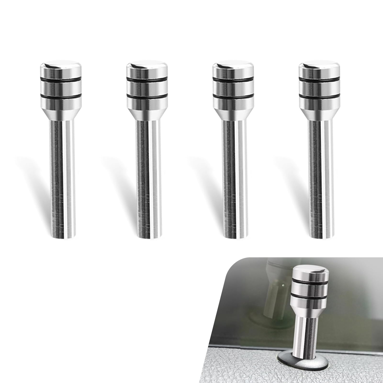 4 PCS Car Door Lock Knob Pull Pin, Alloy Safety Car Door Lock Cover with Rubber Rings, Universal Replacement Interior Decorative Accessory for Most Cars, Trucks, SUVs (Silver) 4 PCS Silver