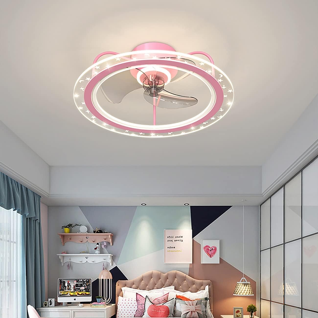 YUEGOO Kids Ceiling Fans with Lights and Remote Reversible Fan Silent Led Dimmable Ceiling Fan Lights with Timer 6 Speed Fan Ceiling Light for Living Room Bedroom Dining Room/Pink