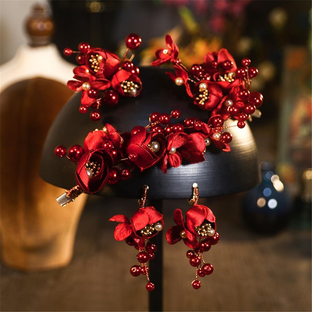 Bride's Headdress Forest-style Red Side Clip Hair Accessories Wedding Dress Chinese Xiuhe Clothing