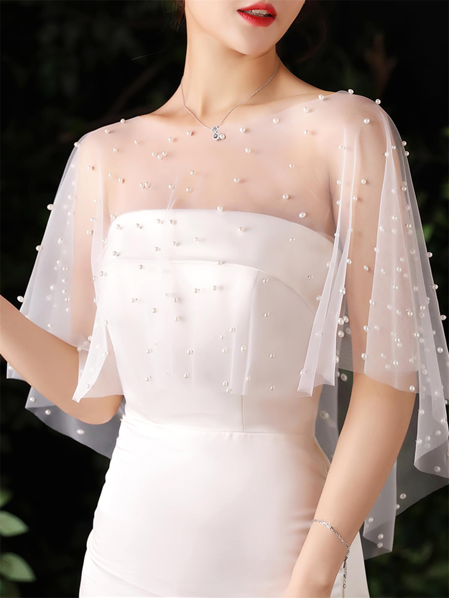 Brautumhang Weiß Umschlagtücher mit Perlen Stola Damen Durchsichtig Brautstola Elegant Abendkleid Cape Verstellbar Schalwickel Braut Bolero Cocktaikleid Festlich Capelets für Hochzeit Party