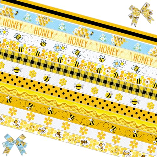 Estivaux 12 PCS Happy Bee Day Ribbons for Crafting, 3/8" Width Grosgrain Ribbon First Birthday Ribbon Yellow Honey Bee Craft Ribbons for Baby Shower 1st Birthday Sewing DIY Crafts Supplies