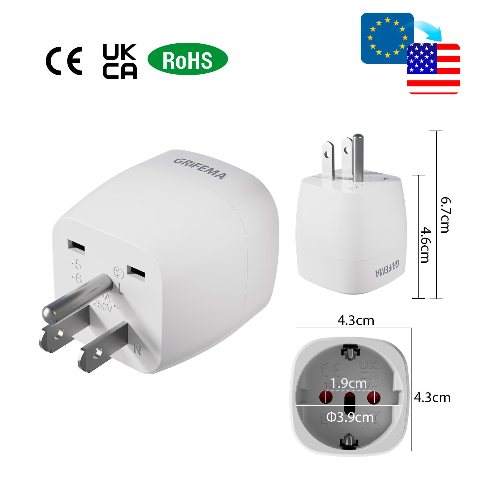 GRIFEMA Adaptateur Prise USA, Fiche France vers États-Unis Canada Mexique Thaïlande Type B, Connecteur de Voyage avec Maintien Ferme, Matériau Ignifuge PC, 250V 10A, 2 Pièces