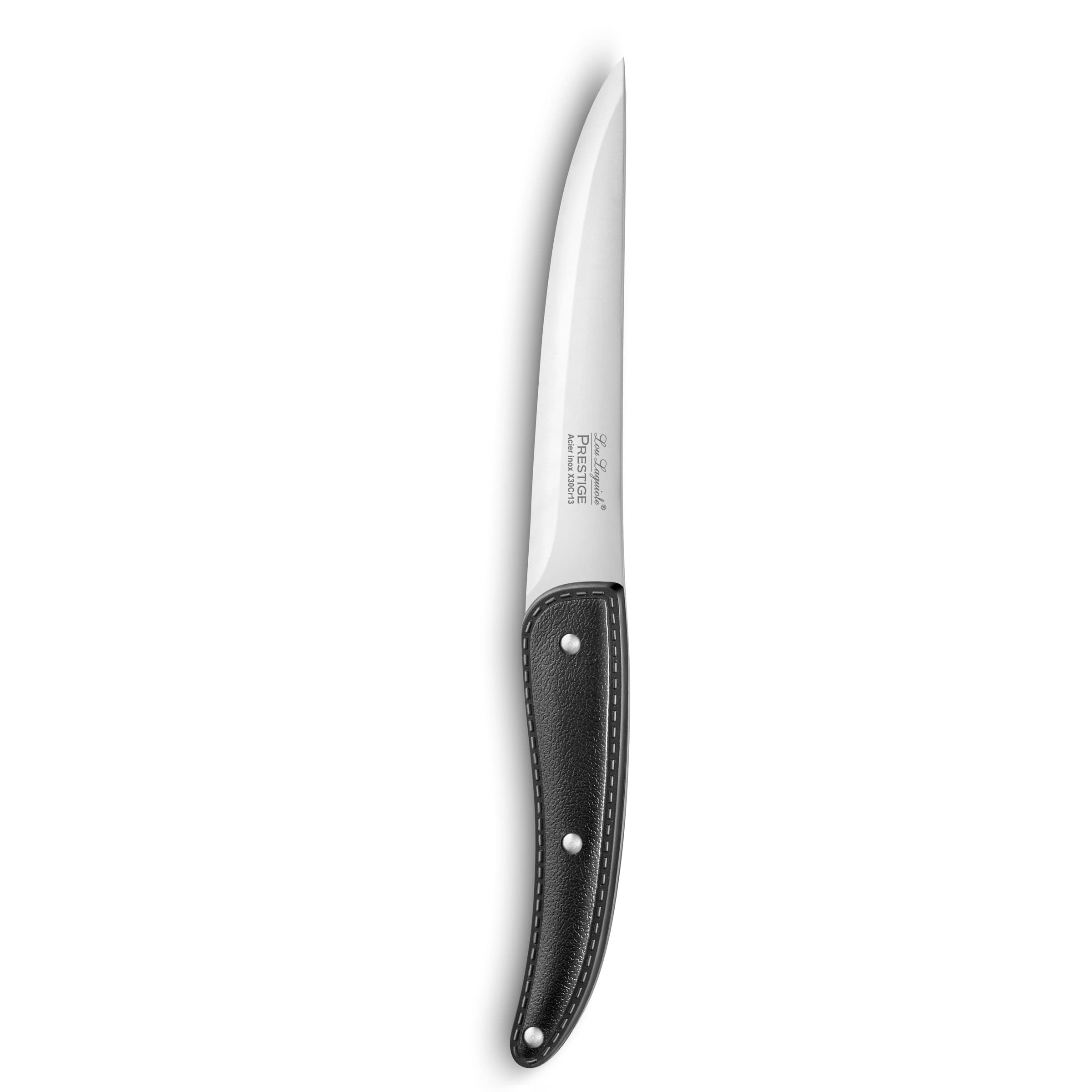 Lou Laguiole - Coffret de 6 couteaux steak avec lame lisse - Prestige - Acier inoxydable 13 C, Finition - Longueur 235 mm - Lame 125 mm - Noir