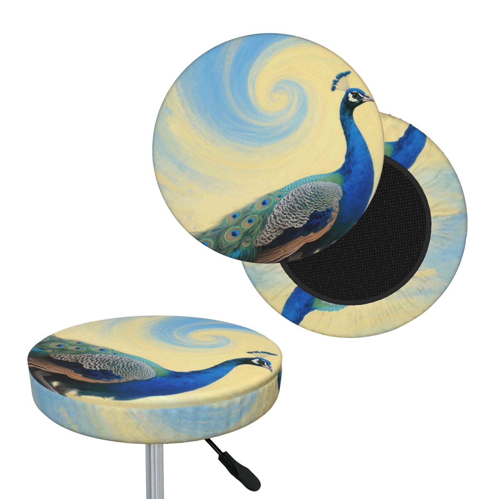 FekiLoot Elegant Peacock Round Bar Stool Covers Stretch Washable Bar Stool Covers Dustproof Slipcover Bar Chair Covers with Elastic Band for Bar Kitchen Living Room Decor 14 Inch