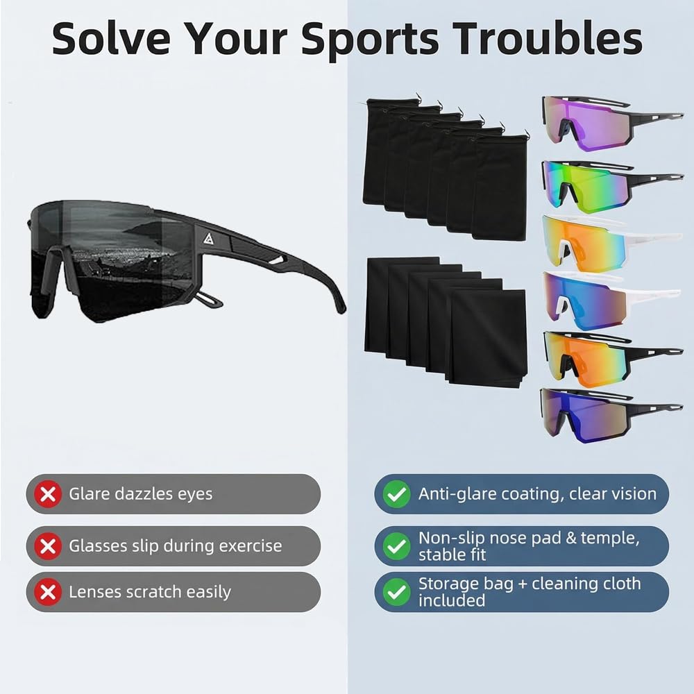 Schnelle Brille Herren Damen, 6 Stück Sport Sonnenbrille, Polarisierte Fahrradbrille mit 6 Aufbewahrungstasche und 6 Brillenputztücher, Laufbrille UV400, Sportbrille für Outdooraktivitäten - 4