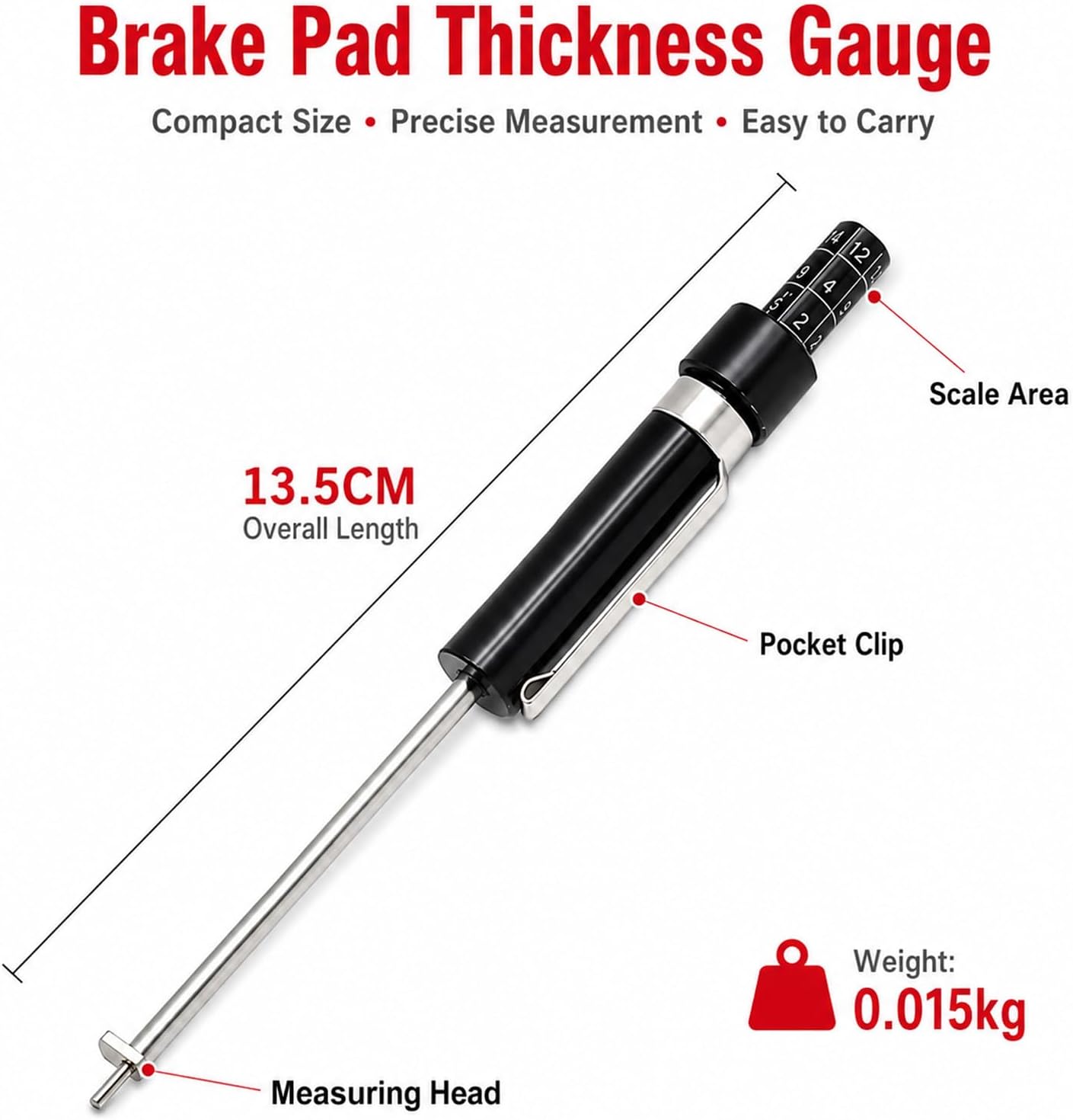 Brake Pad Measuring Tool Caliper Gauge for Disc Brake Wear Check | Easy-To-Read Scale, No Battery Needed, Fits Most Disc Brake Pads