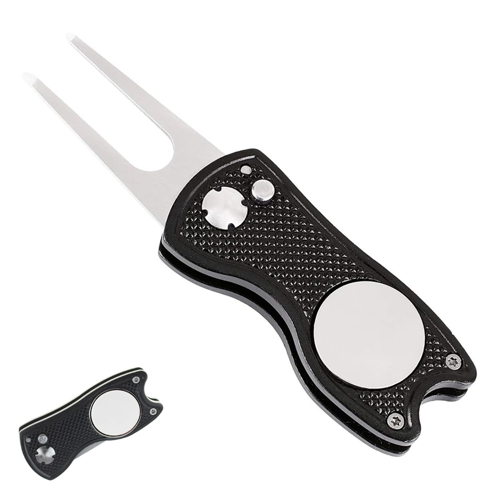 Funngy Golf Reparatur Pitchgabel,Pitchgabel Golf Set Edelstahl Faltbare Divot Reparaturgabel mit Magnetischem Ballmarker Pop-up-Taste und Double Prong Tragbares Golf Zubehör für Green und Platz