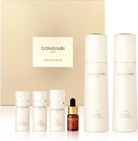 Donginbi Red Ginseng Power Repair Essential Skin Care Set - Hydrating Toner (4.4 floz), Korean Red Ginseng Essence with Collagen (4.4 floz), Firming Face Oil, Korean Skin Care Gifts for Women