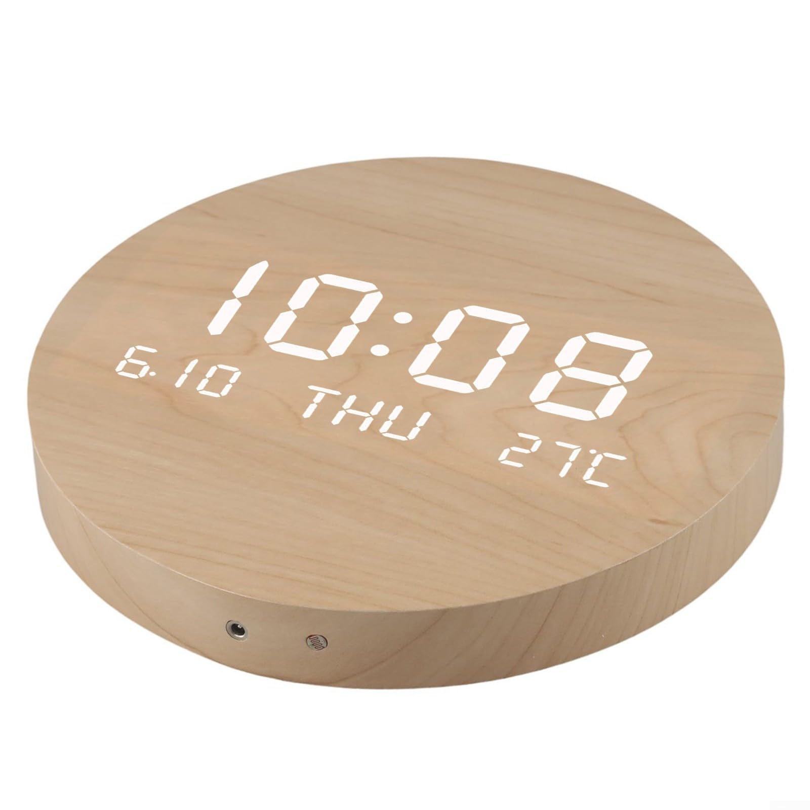 Horloge murale ronde en bois rechargeable USB avec capteur de température