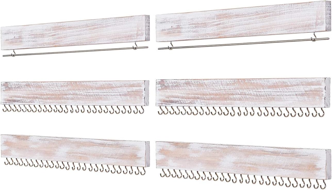 RHF 16in Jewelry Organizer for Wall Set of 3, Rustic Wood & Metal Wall Mount Organizer with 50 Hooks, for Earrings Bar, Hanging Rings, Necklaces and Bracelet, Nice Gift for Woman (2pack, White)