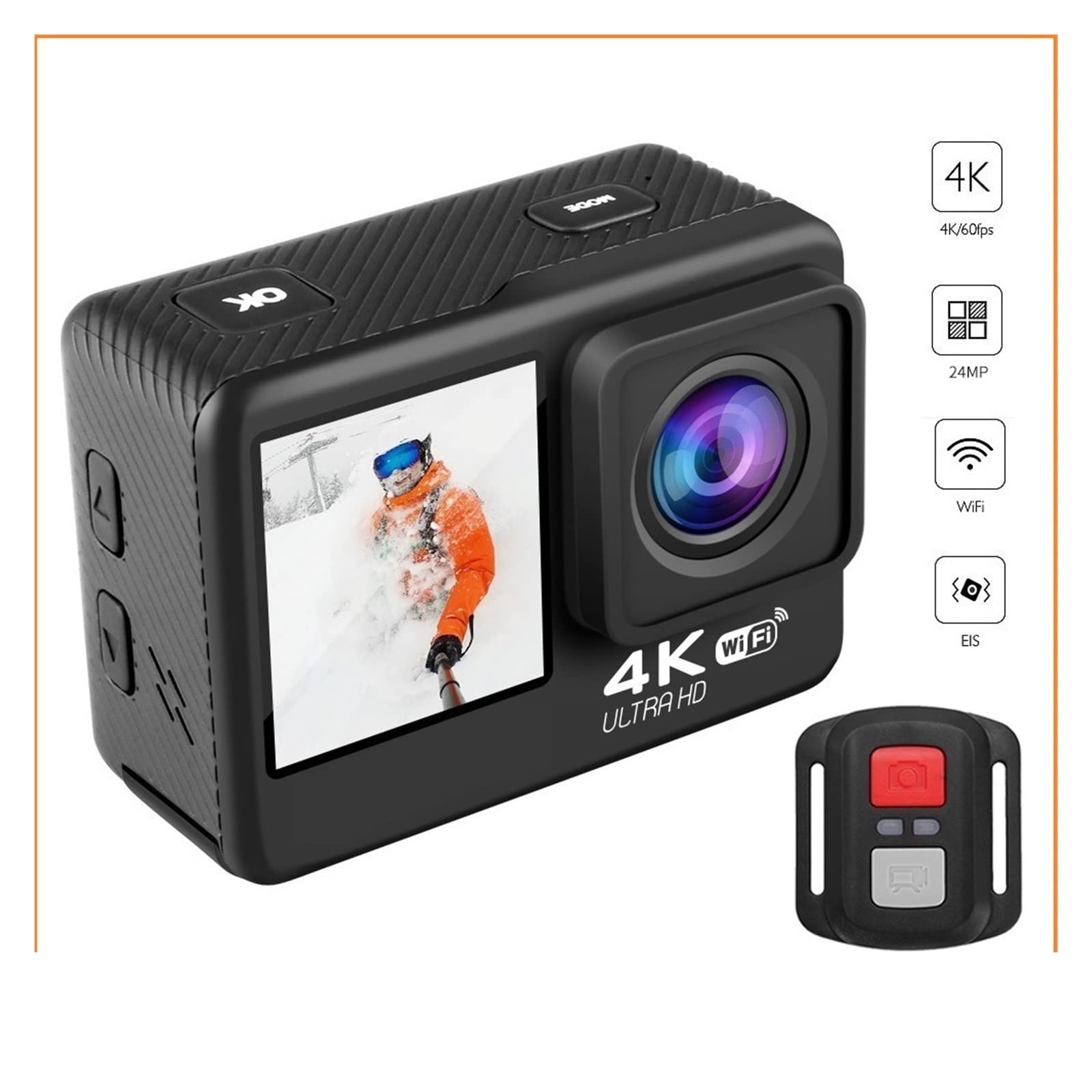 Action Cam, Action Camera 4K 60FPS Telecamere 24MP 2.0 Touch LCD 4X EIS Dual Screen Telecomando impermeabile Webcam Videoregistratore sportivo ,All'aperto, Sport, Video(Option 4,Single Screen S9)