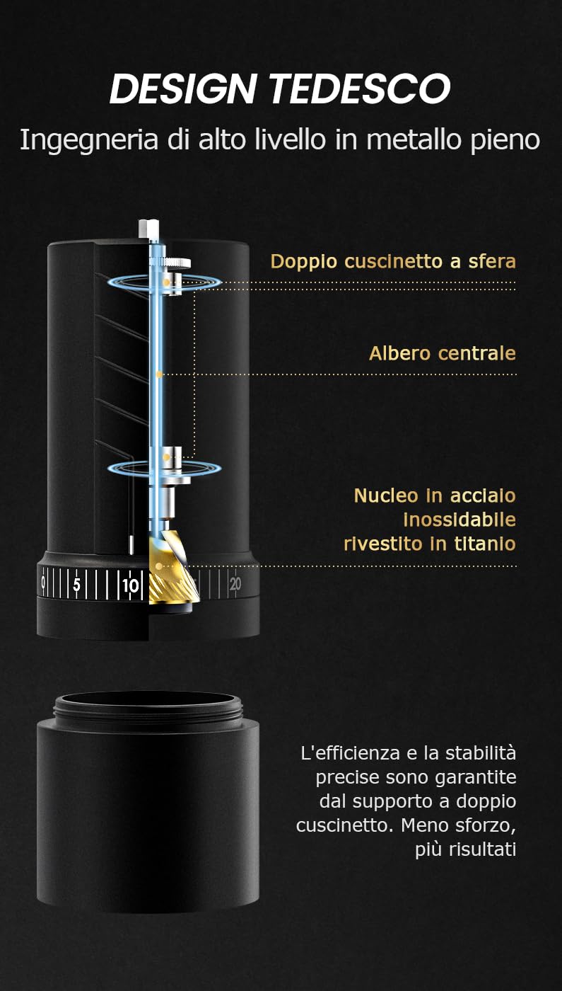 Vevok Chef Macinacaffè manuale O20 - 20 livelli di regolazione esterna, capacità 35 g con custodia da viaggio e attrezzi per la pulizia, macinacaffè conico in acciaio inox placcato in acciaio inox