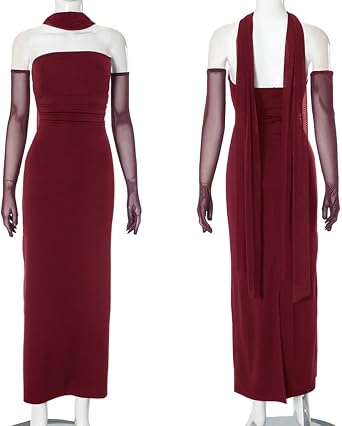 ZGMYC Women's Elegant Strapless Wedding Guest Dress with Scarf Sheer Long Gloves Sexy Ruched Bodycon Maxi Dress
