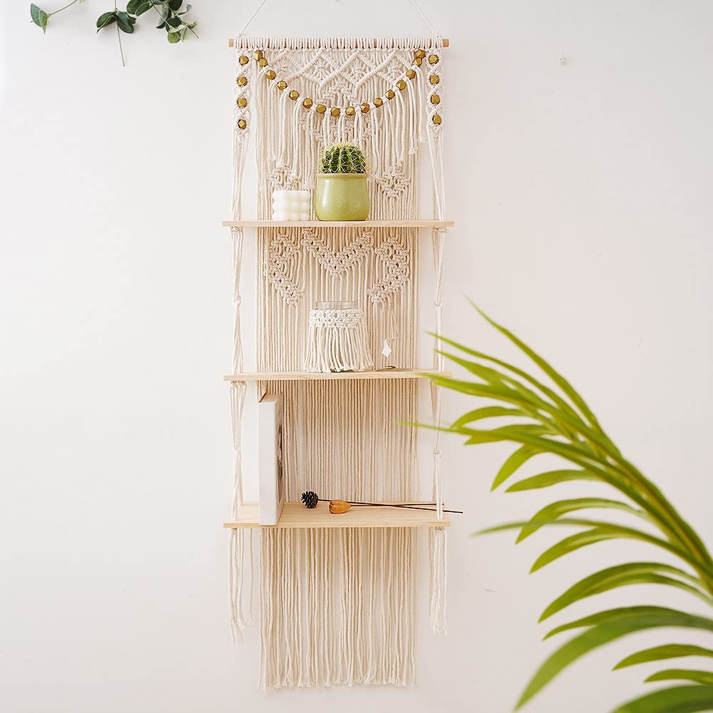 Afuly Mensole da Muro Legno Grezzo Boho Macrame Design Bagno/Cameretta/Balcone Naturale Mensole