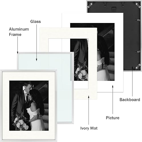Miniatura 5 de Frametory, Juego de marcos de pared de aluminio para galería con paspartú de color marfil, paquete de 7 marcos de fotos de metal con cristal real,