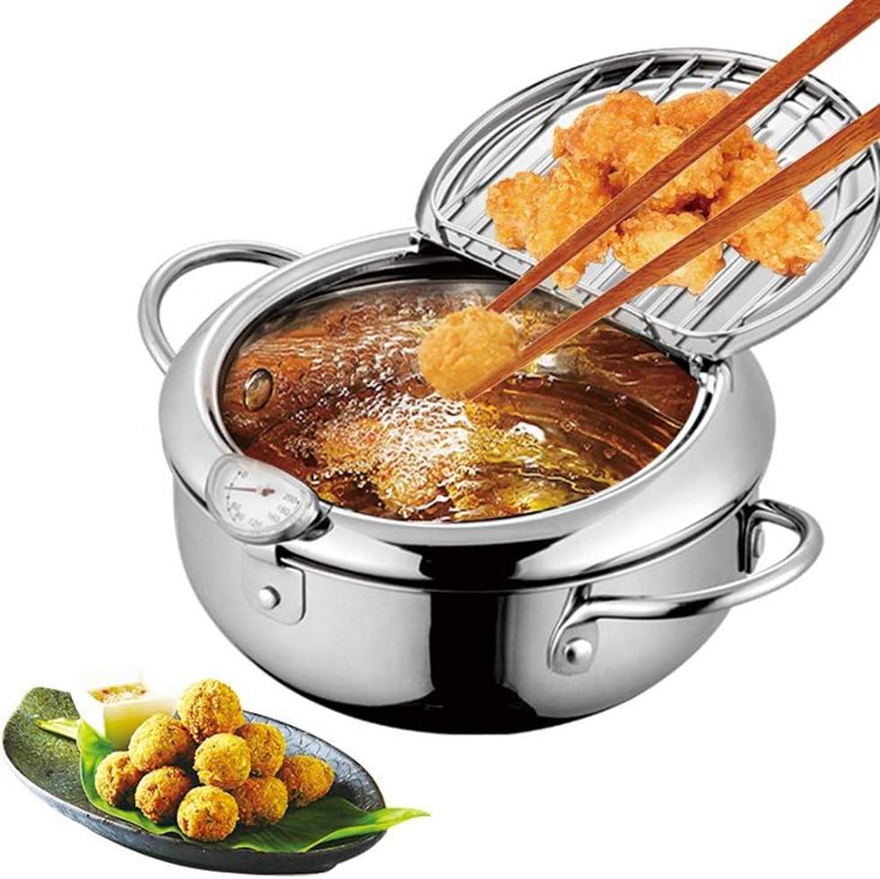 WSHA Stainless Steel Deep Fryer, 8 Inch Temperature Control Fryer with Lid and Oil Drip Rack, Tempura Frying Pot for Kitchen Cooking - 2.2L