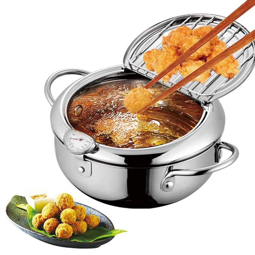 Friteuse en acier inoxydable 2.2L avec thermomètre et grille pour cuisine