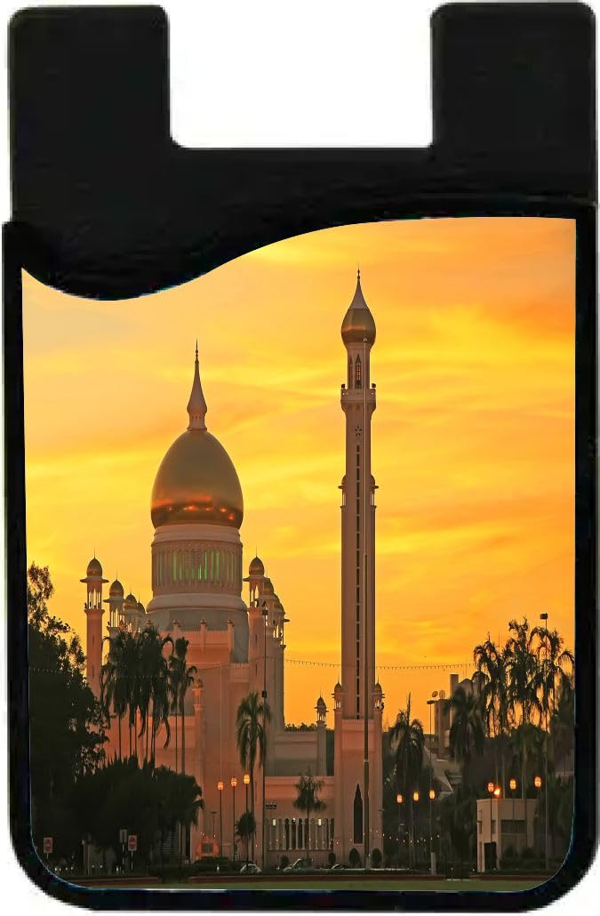 Island Gifting Neoprene Stick-on ID Card Holder for iPhone/Galaxy/Google Android Cases Featuring Image of The Sultan Omar Ali Mosque at Sunset in Brunei