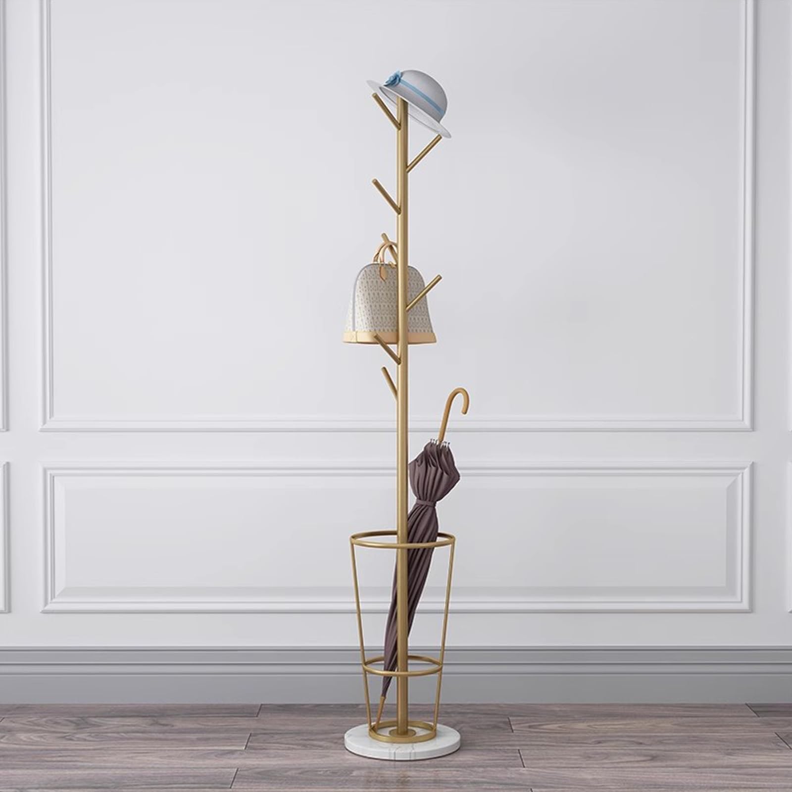 WXPGFEQ Freestanding Coat Rack with Umbrella Stand, Heavy Marble Base & 6 Hooks – Entryway Hallway Coatrack for Bedroom Office Entryway