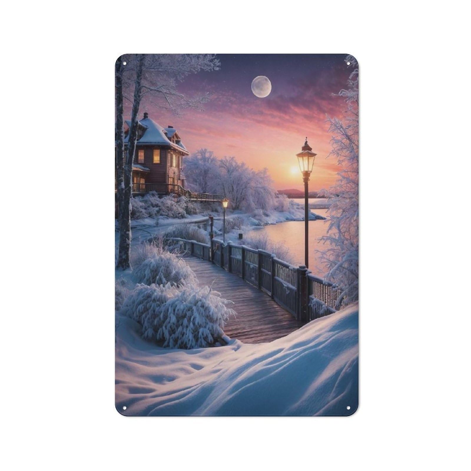 Junmoney Style-18 Vintage Vintage Tin Sign 30X20cm Featuring Snowy Village Snow Trees, Cafe Wall Decor For Coffee Bar, Kitchen, Bistro Or Tea Corner