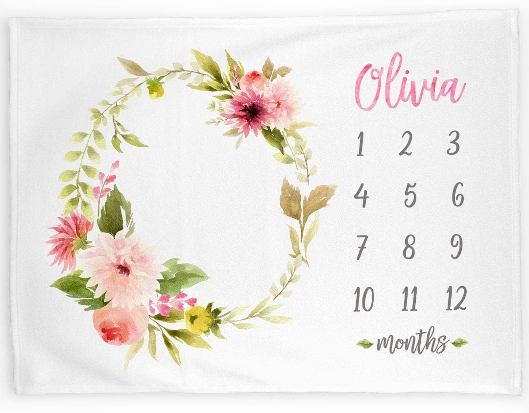 Monthly Milestone Baby Blanket Personalized, Floral Pink Dahlia and Rose