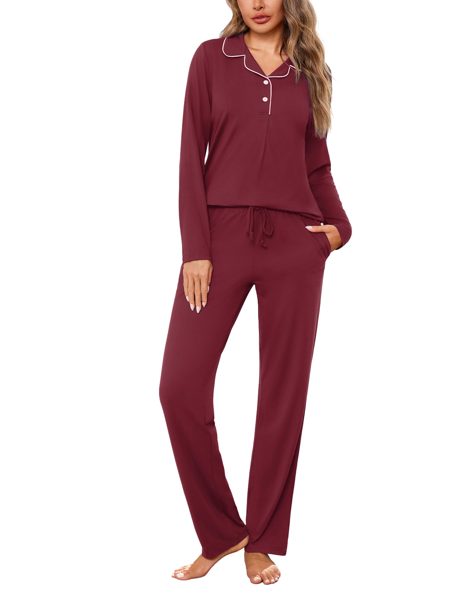 Jahetuul Pigiama Donna Cotone Lungo Pigiami Due Pezzi da Donna Invernale Maglia con Aperto Davanti e Bottoni e Pantaloni Lunghi con Tasche Comodo Casual