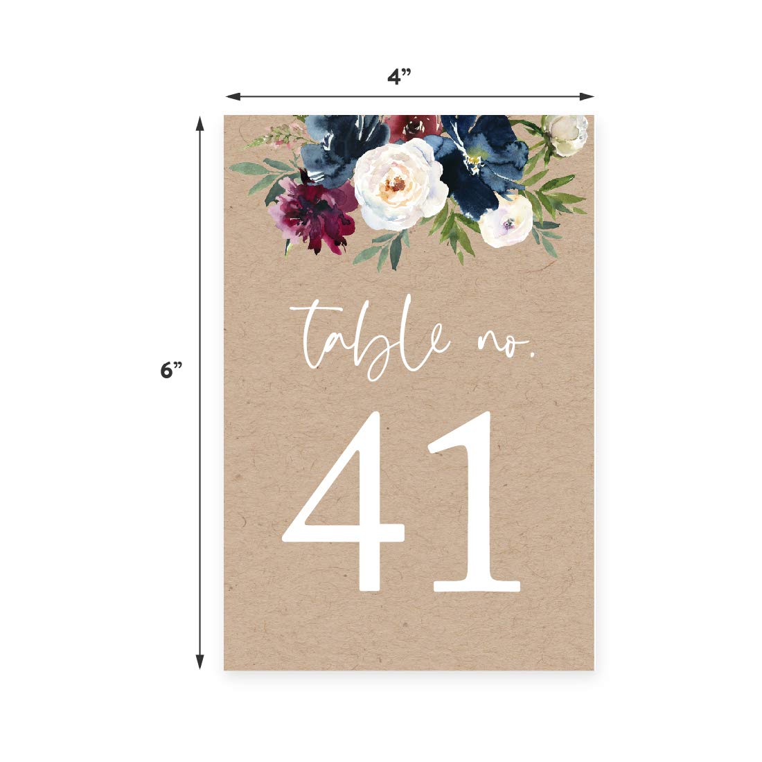 Andaz Press Kraft Brown with Burgundy Midnight Blue Florals Fall Baby Shower Party Collection, Table Numbers 41-60 on Perforated Paper, Single-Sided, 4X 6-inch, Floral Bouquet Graphic Design, 1 Set