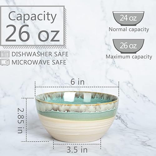 Miniatura 2 de Bosmarlin Juego de 4 tazones de cerámica para sopa de 26 onzas, 6 pulgadas para avena, ensalada, lavavajillas y microondas, esmalte reactivo (verde,