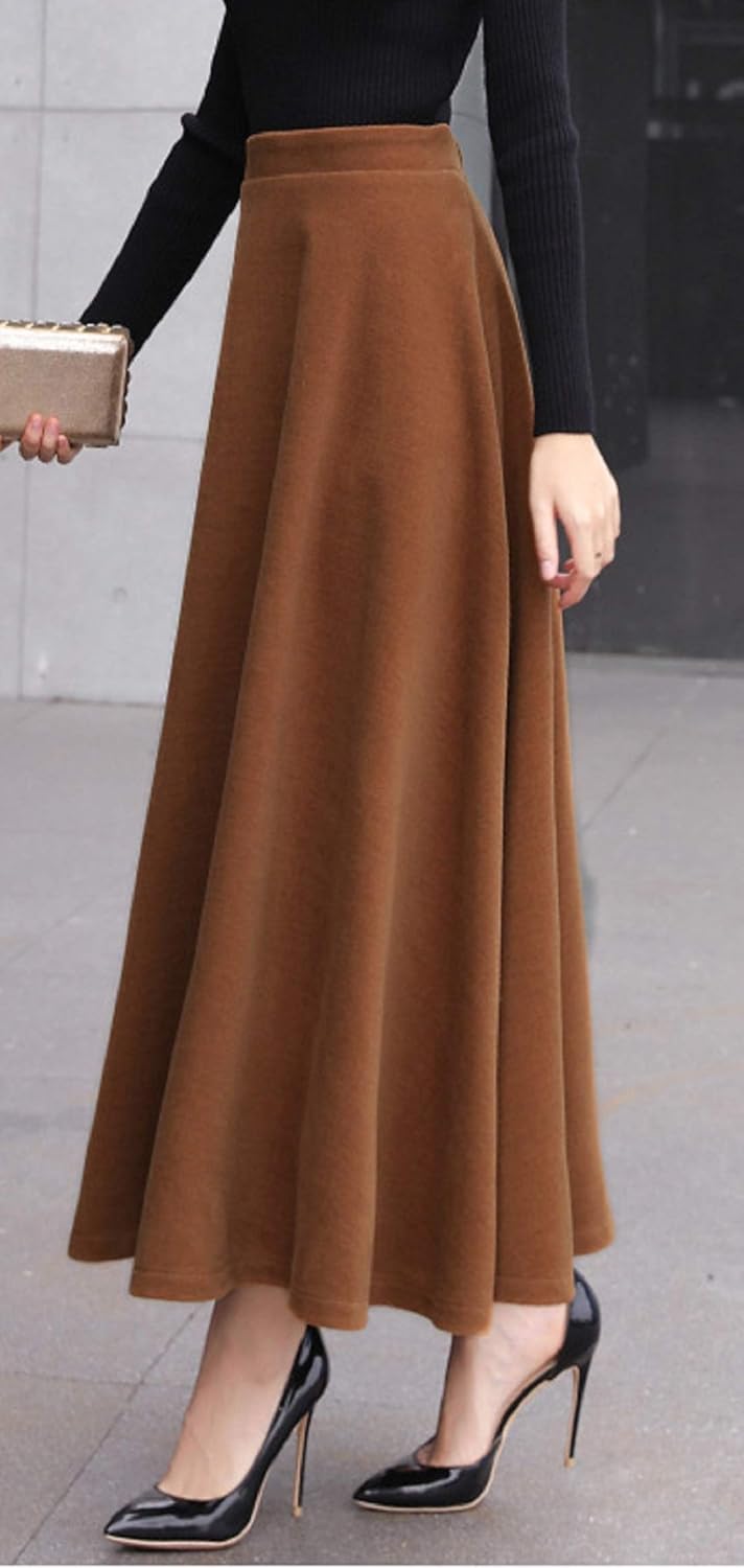 CHARTOU Women's Stretchy High Waist Woolen Flared A Line Swing Maxi Long Skirt - Image 4