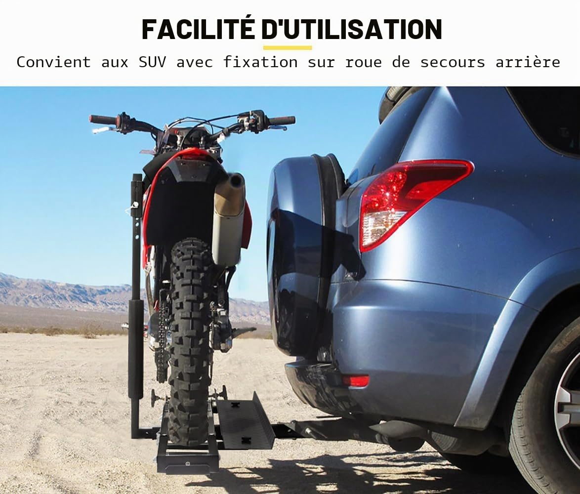 Support pour moto pour crochet de remorquage de voiture, capacité 227 kg, hauteur réglable et arrêt roue avec rampe, solution de transport sécurisée
