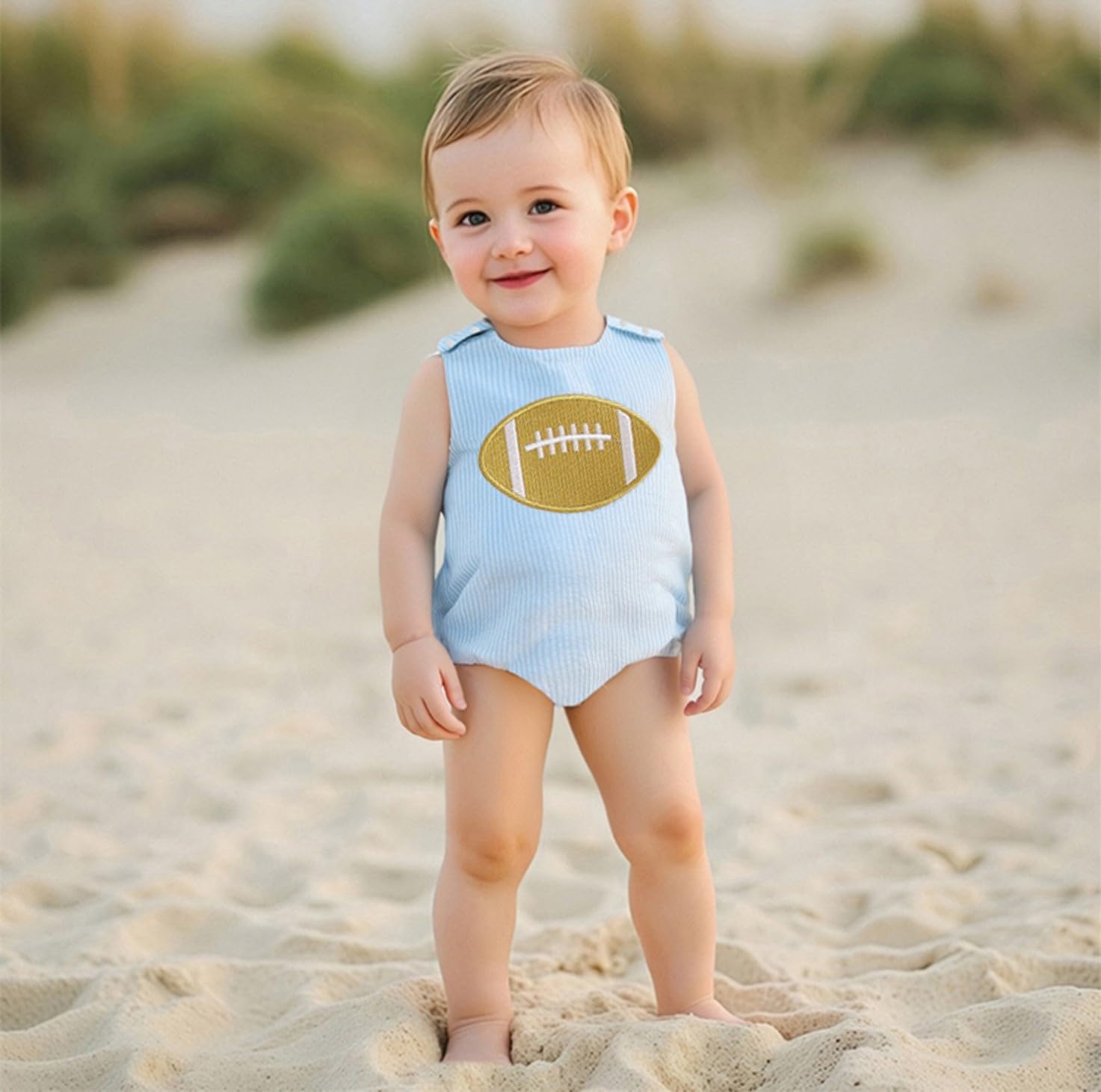 Newborn Baby Boy Girl Fall Clothes Football Embroidery Romper Striped Sleeveless Smocked Bodysuit Overalls Outfit - Image 3