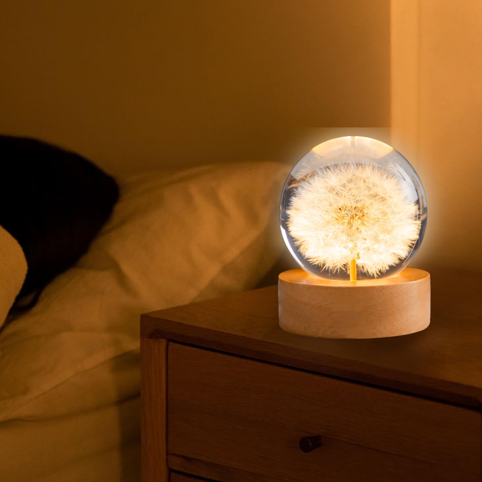 Kryształowa kula, lampka nocna, 6 cm, szklana lalka, lampka nocna, kwiatowa lampka nocna z drewnianą podstawą USB, idealny prezent