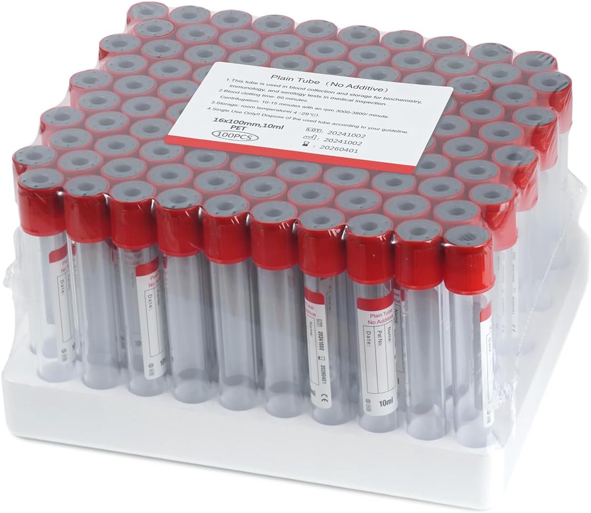 Vacutainer Blood Collection Tubes 10ml Lab Vacuum Plain Tube for Pet Animals Veterinary Lab Supplies 100 Pcs Wrap Packaging