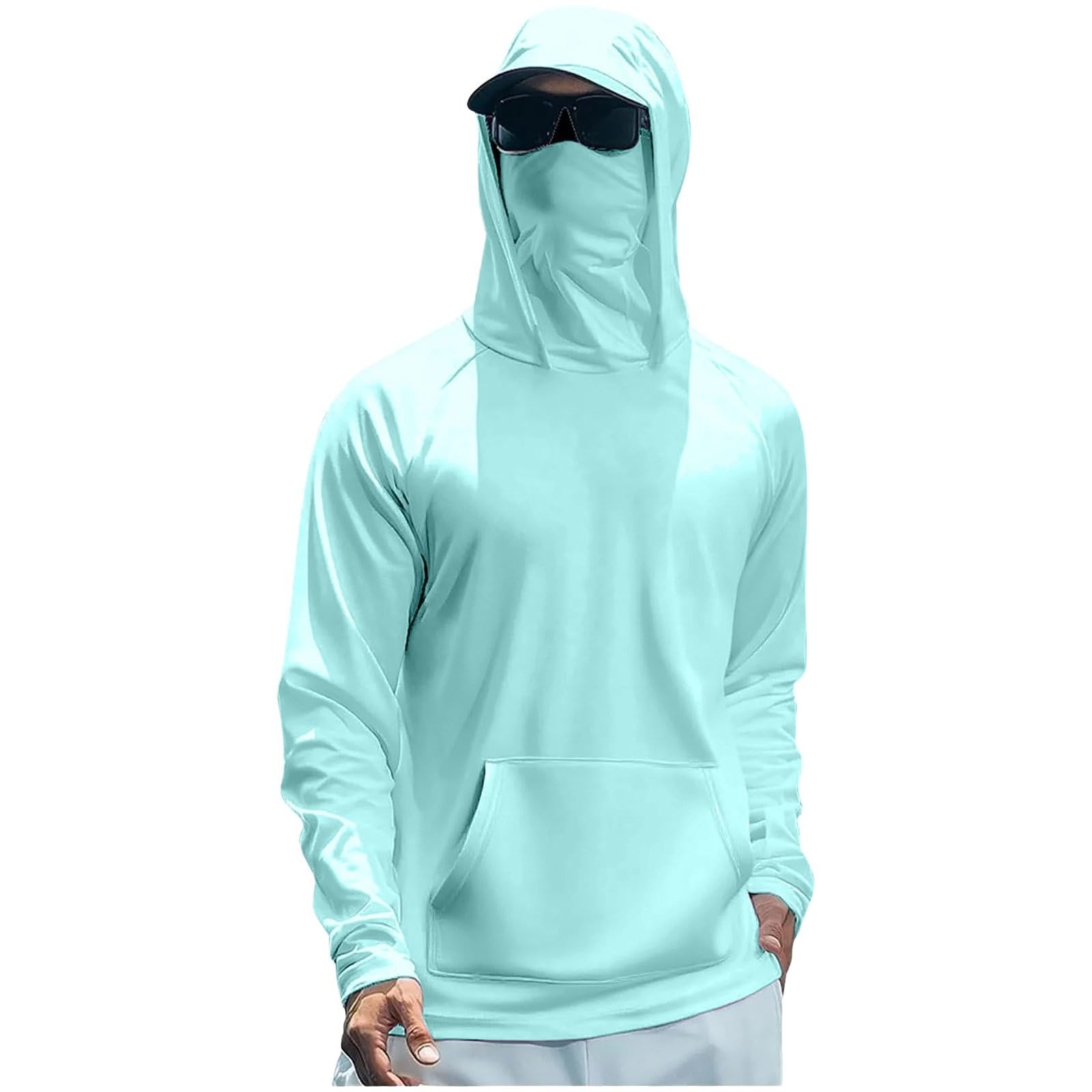 Men's Sun Protection Hoodie with Face Mask Quick Dry Fishing Shirt Lightweight UPF 50+ UV Hoodie Long Sleeve Rash Vest for Hiking Running Outdoor, Light Blue, M