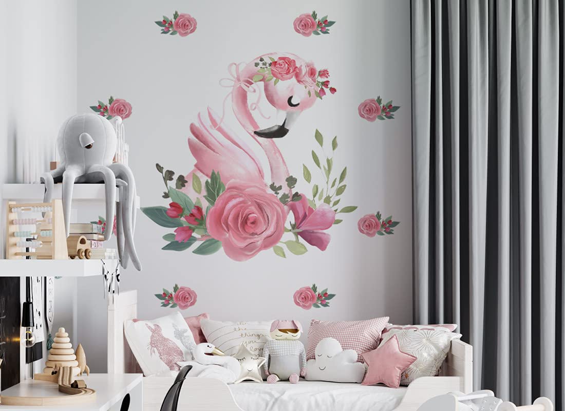 Tatuaż ścienny Flamingo - kwiaty korona kwiatowa obrazy dziecięce pokój dziecięcy dziewczynka naklejka na ścianę Osomhome (240x130cm) os664