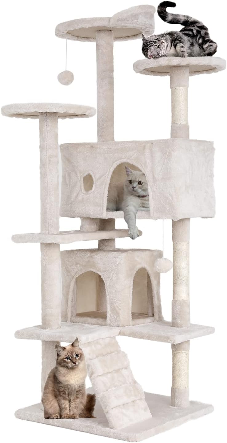 Dkeli Cat Tree for Indoor Cats Condo Tower with Scratching Post Tease Ball Perches Platform Small and Medium 54 Inch Multi-Level, Beige