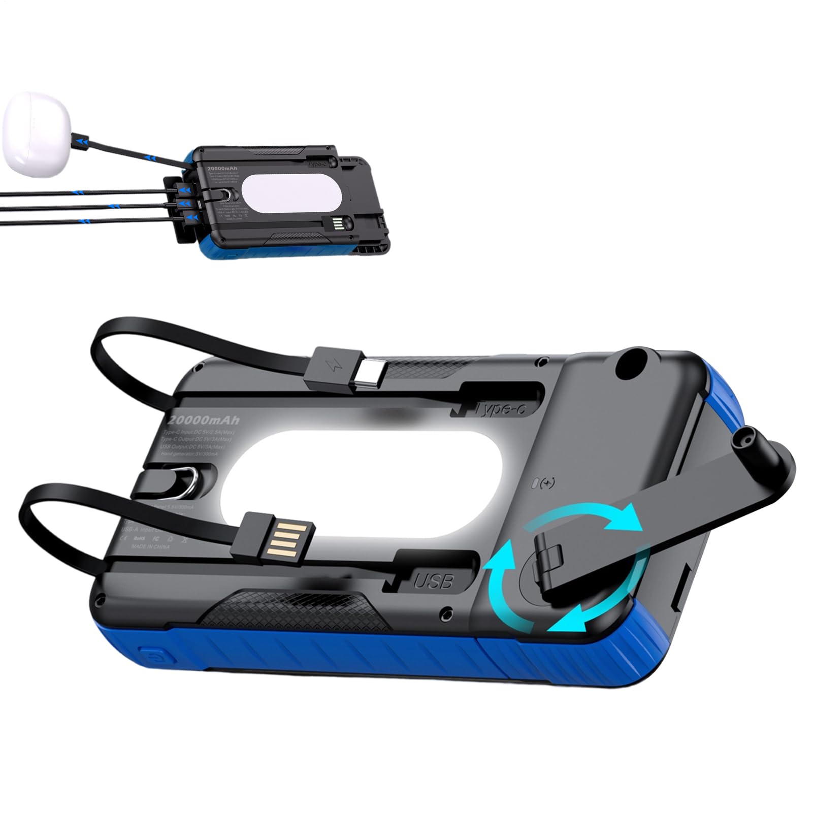 Caricatore Solare Power Bank Impermeabile Con Torcia Luminosa | Power Bank con Manovella e Energia Solare Per Telefono Per Campeggio Escursionismo Viaggio Pesca Zaino In Spalla Smartphone