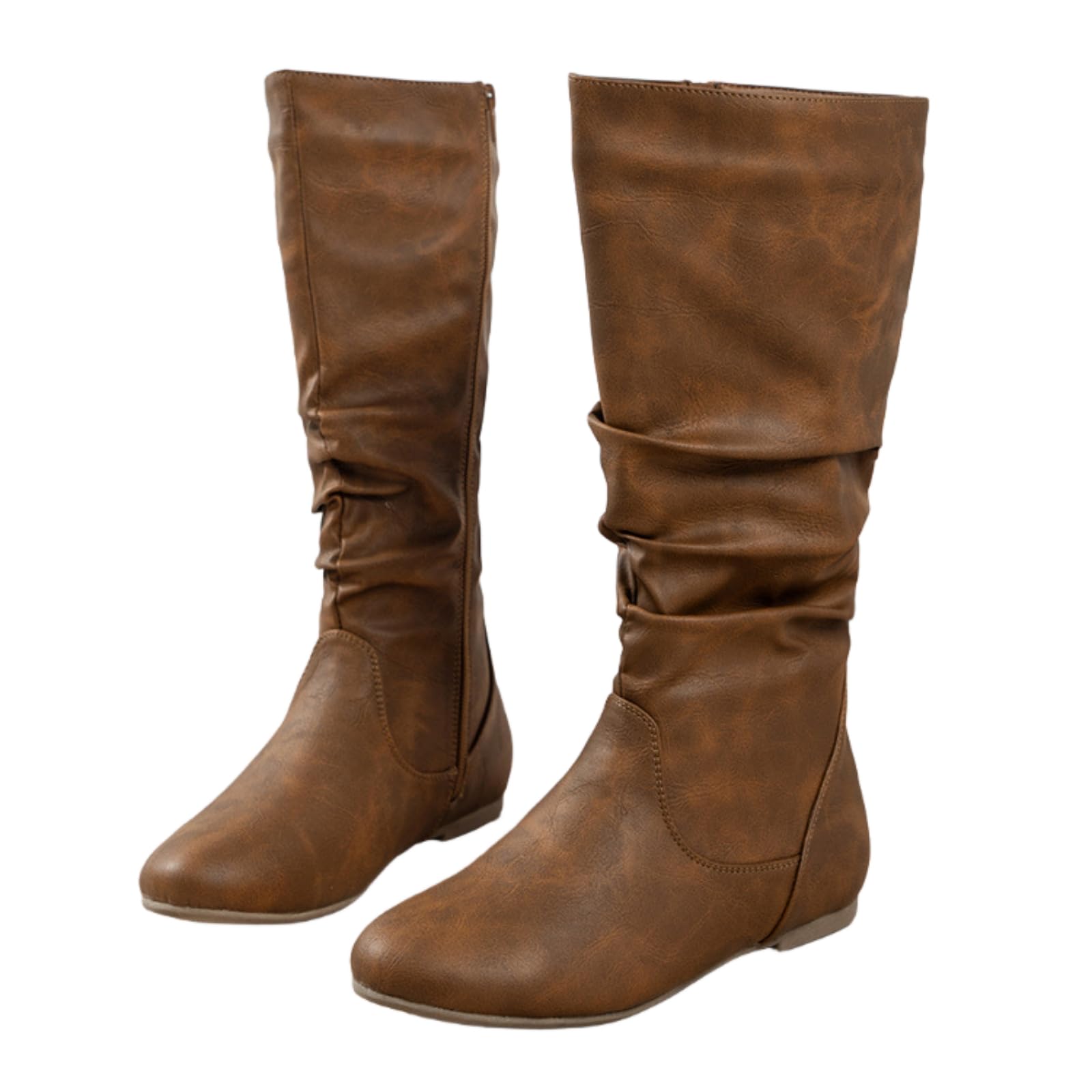 Womens Slouchy Mid-Calf Wide Calf Boots - Faux Leather Flat Heel with Side Zipper Non-Slip Sole Casual Fall