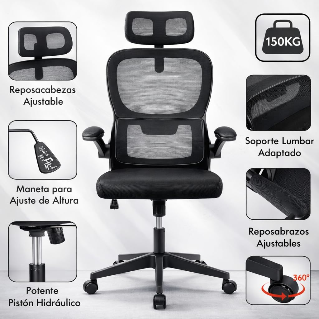 Silla de oficina ergonómica con respaldo de malla transpirable y reposacabezas ajustable | Asiento acolchado, reposabrazos abatibles y base resistente con ruedas giratorias | Diseño moderno