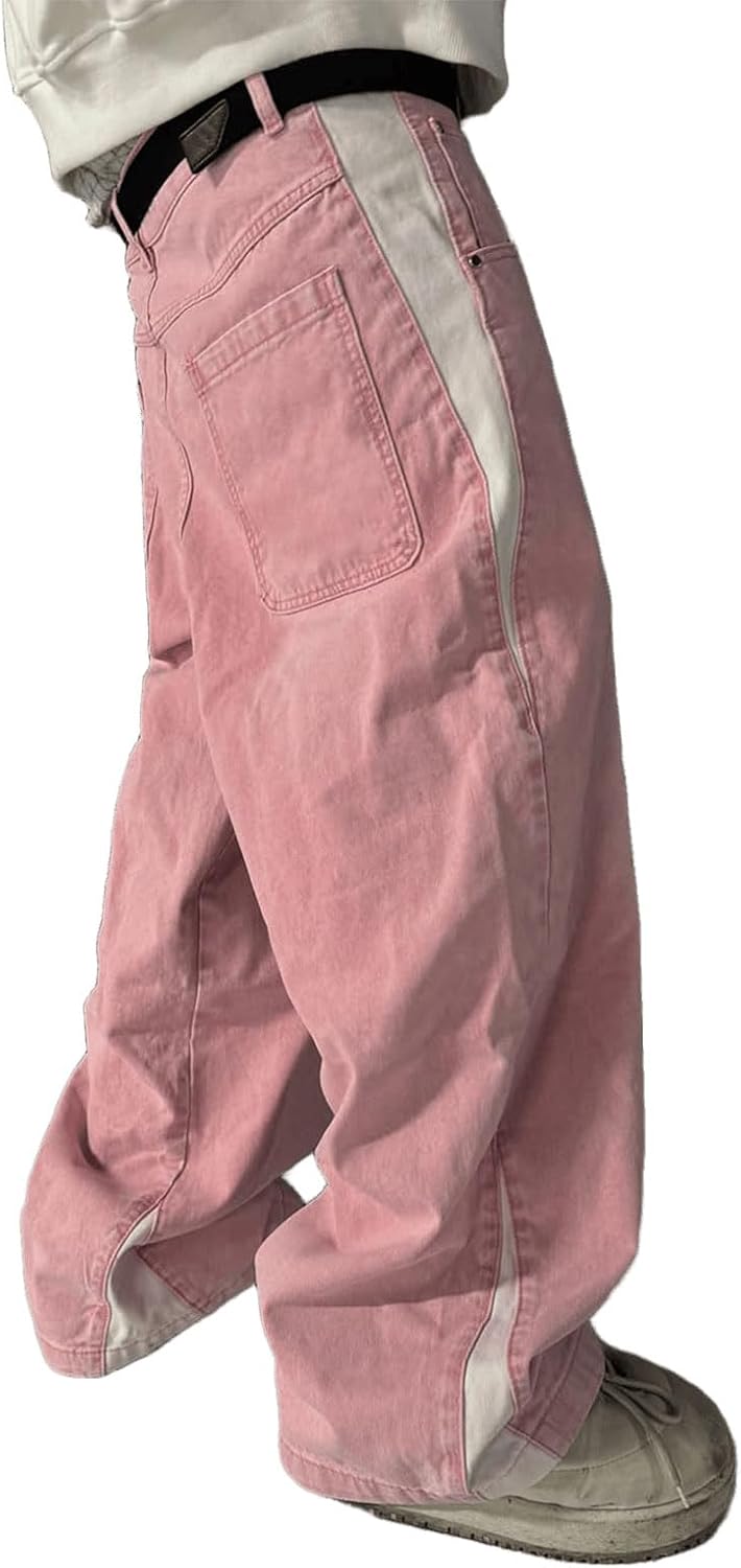 Men's Baggy Patchwork Jeans Casual Straight Wide Leg Hip Hop Jeans Y2K Skateboard Vintage Denim Pants Streetwear