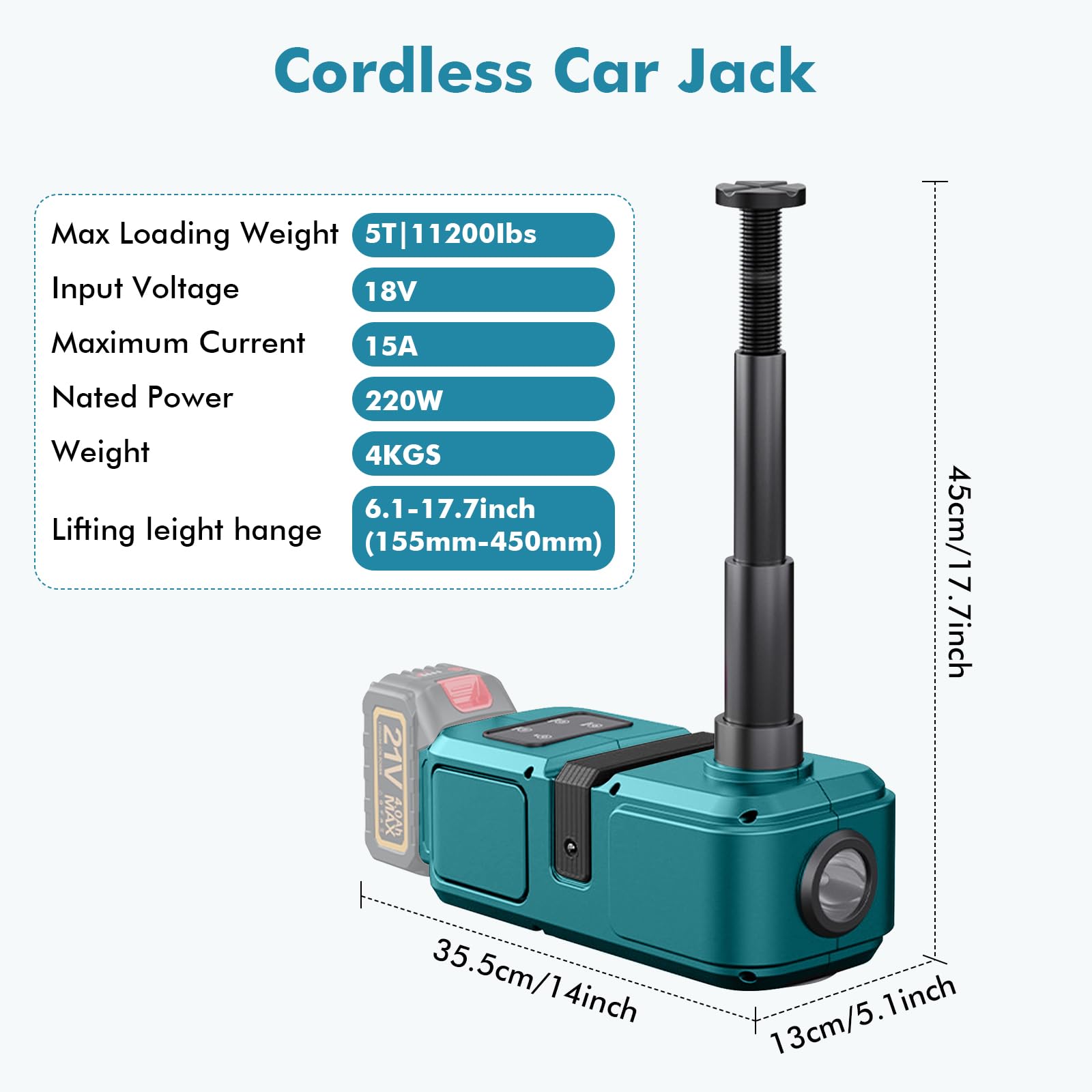 Gato hidráulico 5T, Gato hidráulico Compatible con batería Makita de 18 V | Bomba Inflable y luz LED, 150 – 450 mm, Elevador de Coche para Coche, SUV, sedán, MPV, Cambio de neumáticos