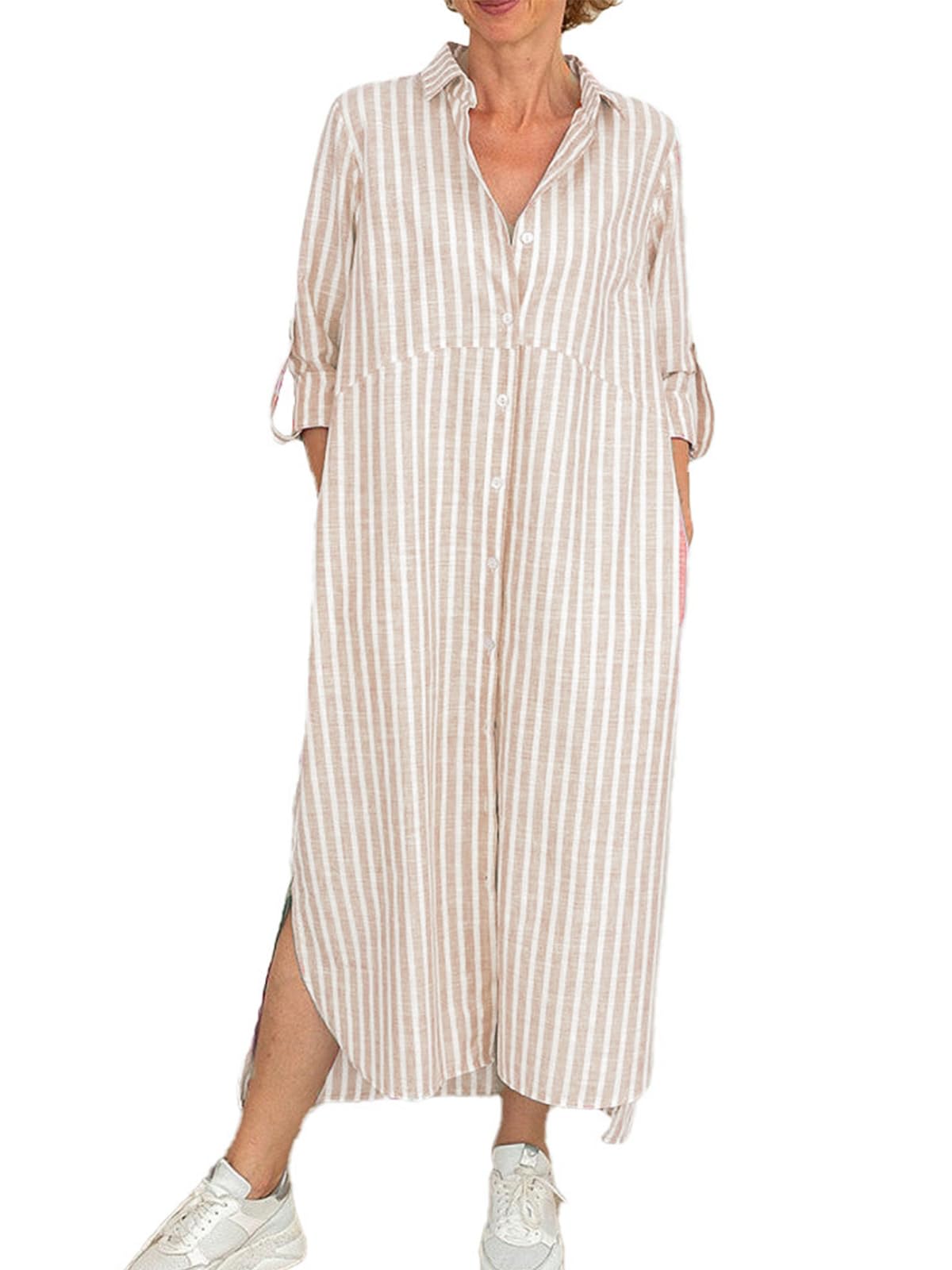 utcoco Women's 2025 Casual Baggy Striped Shirt Dress Rolled Up Long Sleeve Side Slit Button Down Maxi Dress
