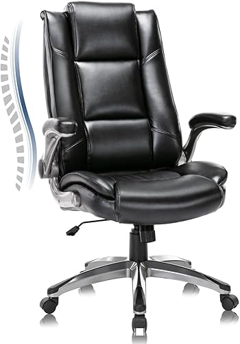 COLAMY Leather Executive Office Chair - High Back Home Computer Desk Chair with Padded Flip-up Arms, Adjustable Tilt Lock, Swivel Rolling Ergonomic