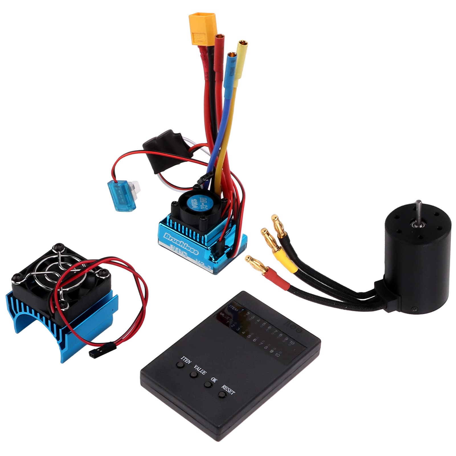 Silnik bezszczotkowy, do 1/8 1/10 RC – silnik o dużej prędkości 3650 2300 kV, 120 A ESC, wtyczka XT60, karta programowania, zestaw wentylatorów, wydajne rozdzielanie ciepła,