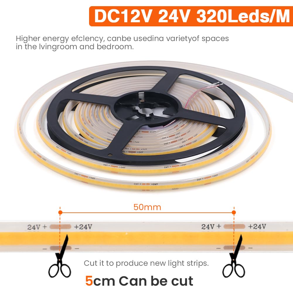 0,5-20 m DC12V/24V COB taśma LED | wodoodporność IP68, RA90, 320 diod LED/M, 3000 K-6000 K, oświetlenie ogrodowe do domu (DC 24 V, ciepła biel_15 m)