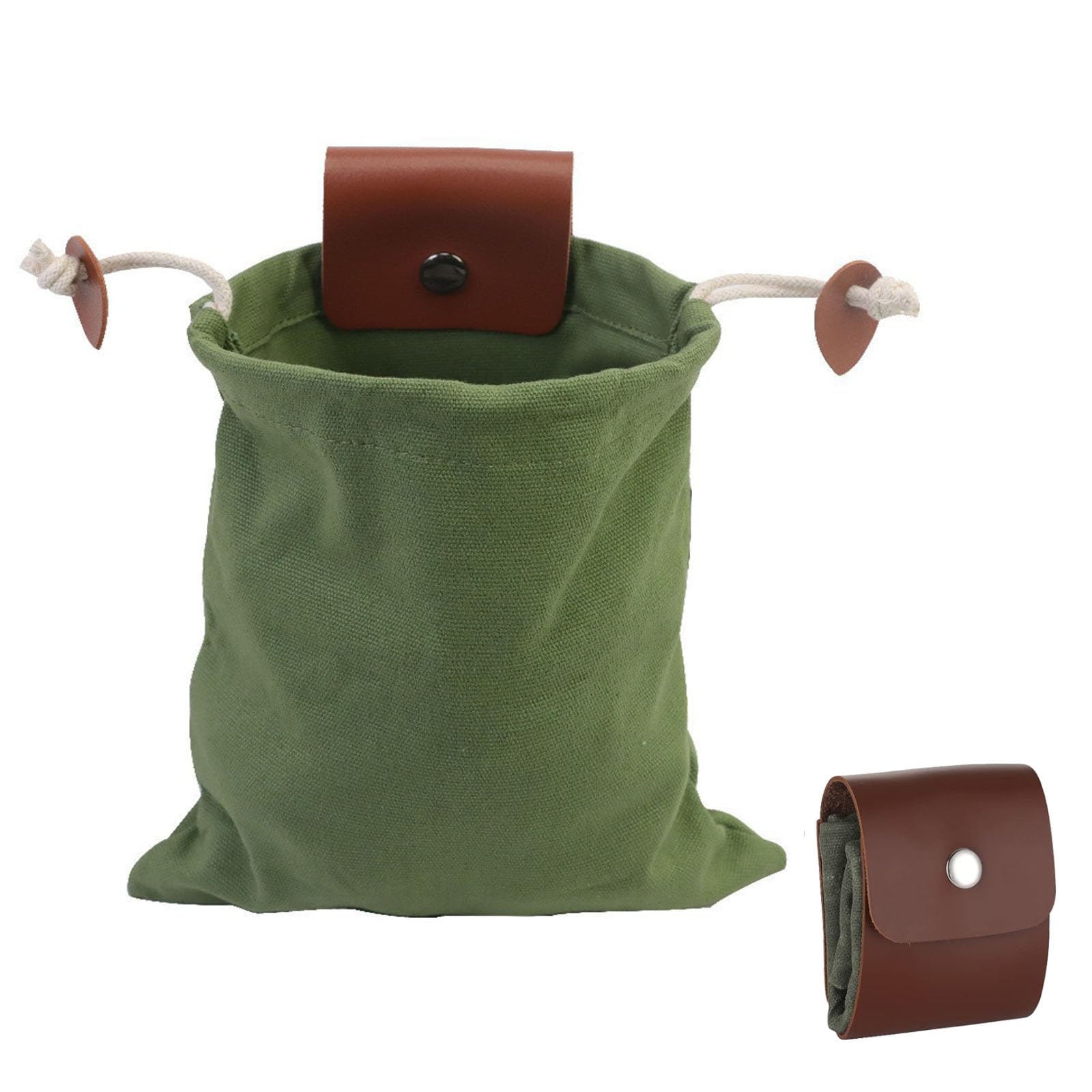 Waxed Canvas Foraging Pouch with Leather Belt Loop, Collapsible Drawstring Bag for Mushroom Hunting, Hiking, Camping, and Outdoor Gear Storage (Green)