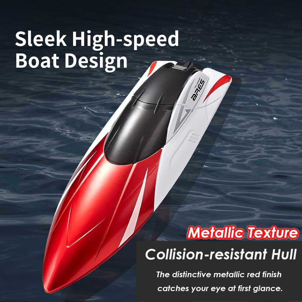 RC Boat with LED Light, Remote Control Boat for Pools and Lakes, 3+ Hours, 2.4Ghz 20+ MPH Electric Boats for Kids & Adults, 2 Rechargeable Batteries, Low Battery Alarm, Summer Water Toys Gifts, Red