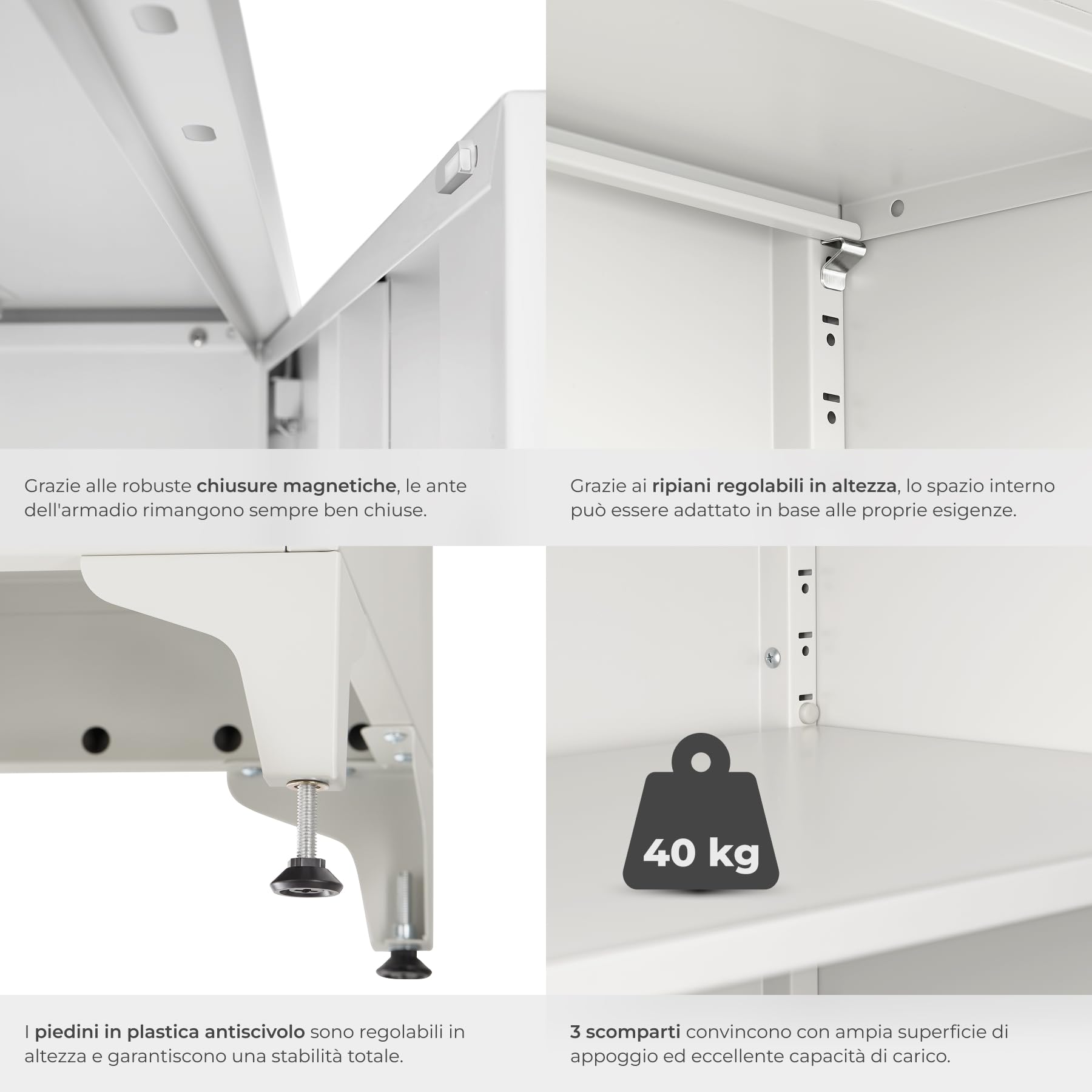 tectake® Armadietto in Metallo Portadocumenti in Acciaio, 60 x 40 x 100 cm, 3 Ripiani Regolabili, Chiusura Magnetica e Chiave, Scaffale Metallo Garage, Mobile Ufficio, Piedini Regolabili - Grigio