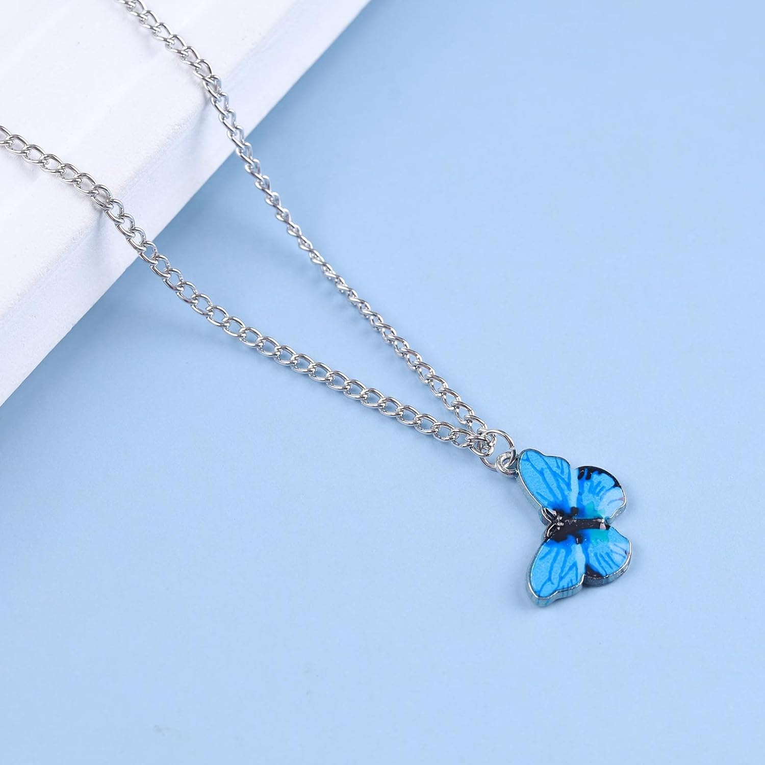 Andelaisi Boho Acrylic Blue Butterfly Necklace Enamel blue Butterfly Choker Necklace Vintage Silver Butterfly Pendant Necklace Minimalist Butterfly Chain Necklace Jewelry for Women and Girls - Image 5